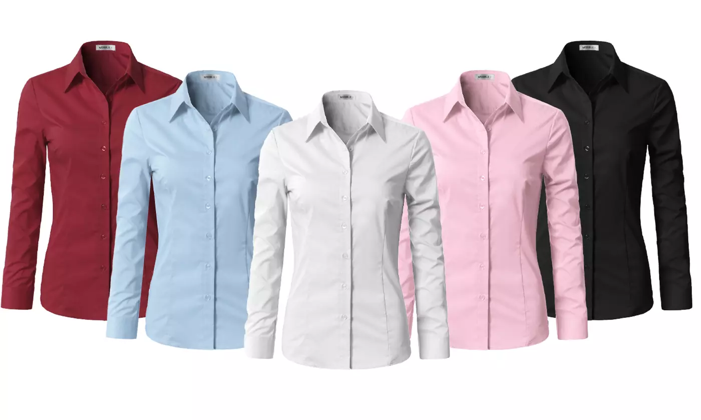 Doublju Women's Slim Fit Basic Long Sleeve Button Down Dress Shirts (S-3X) - Primary Image