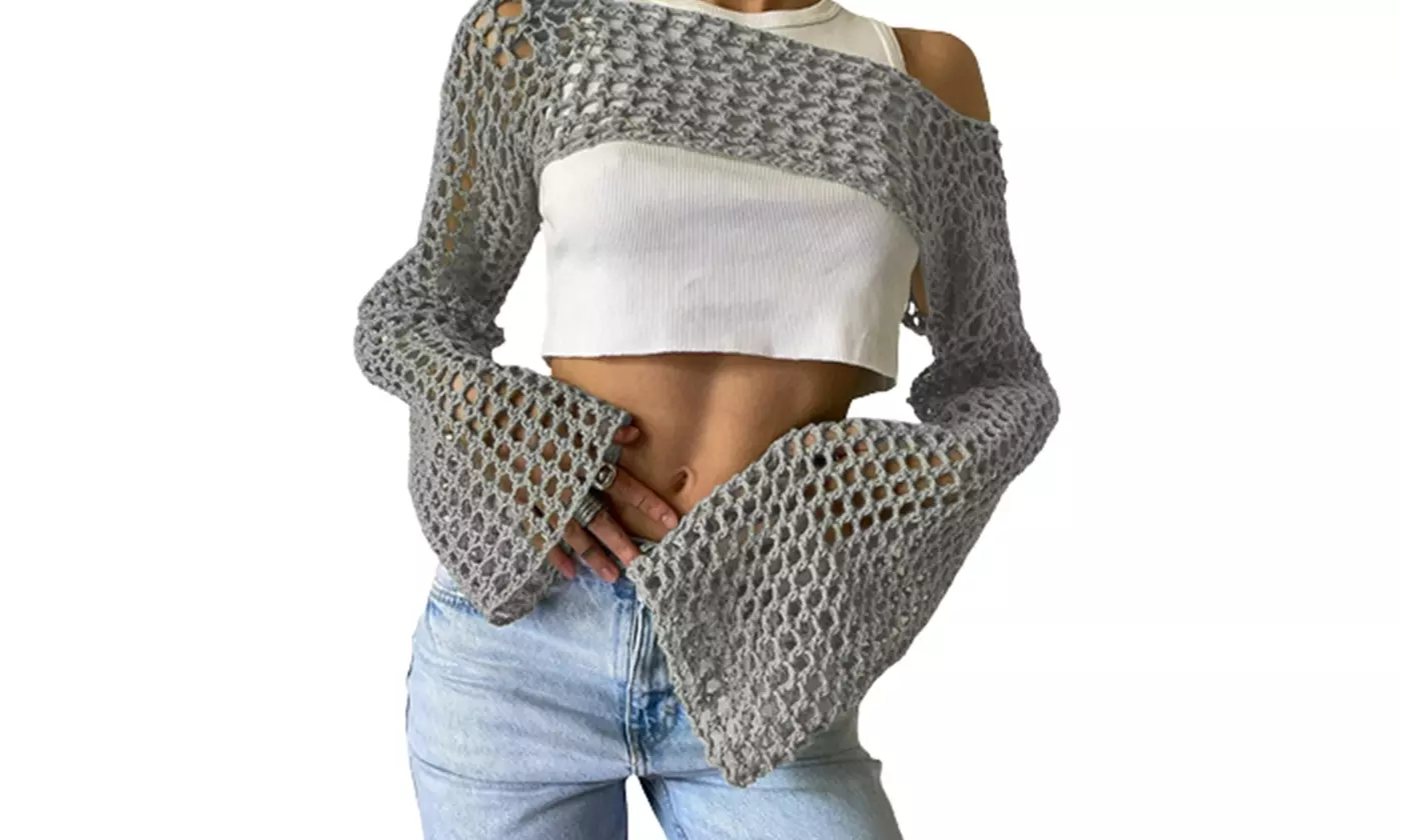 Bohuma Women Mesh Crochet Crop Top Long Sleeve Hollow Out Cropped Knit Cover Ups - Second Medium