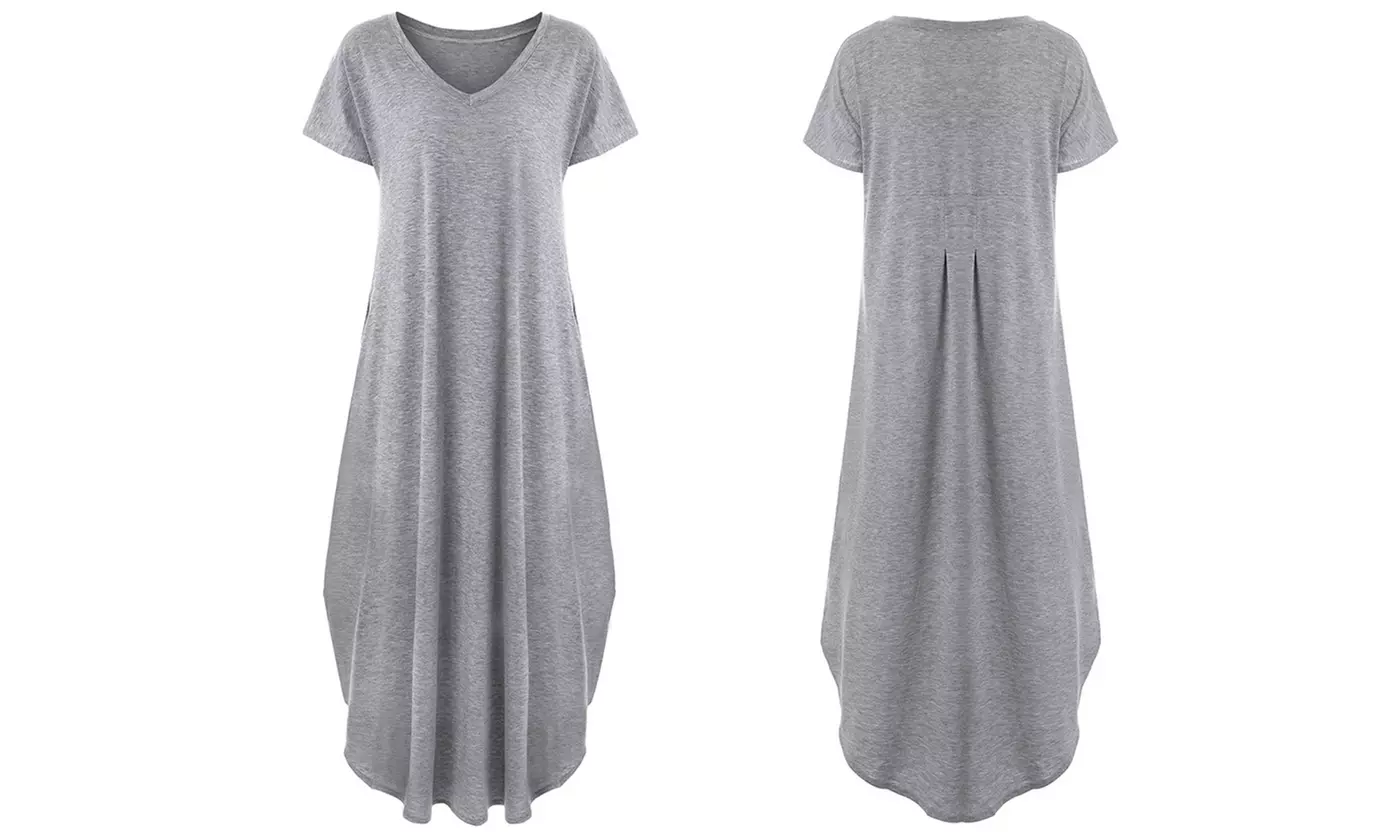 Women's Casual V-Neck Short Sleeve Side Slit Maxi Dress with Pockets