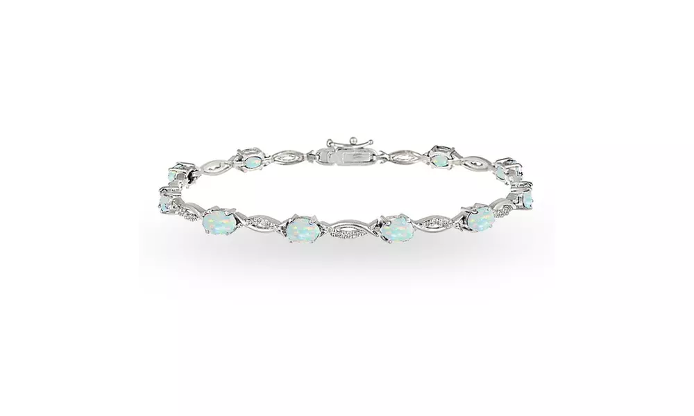 Sterling Silver Synthetic White Opal and White Topaz Oval Swirl Tennis Bracelet - Second Medium