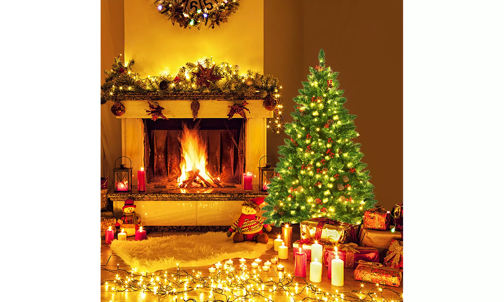 Costway 4.5Ft Pre-lit Hinged Christmas Tree w/ Pine Cones Red Berries