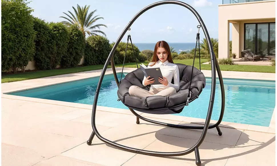 Heavy-Duty Steel Hanging Egg Swing Chair with Cushion and Stable Four-Leg Base