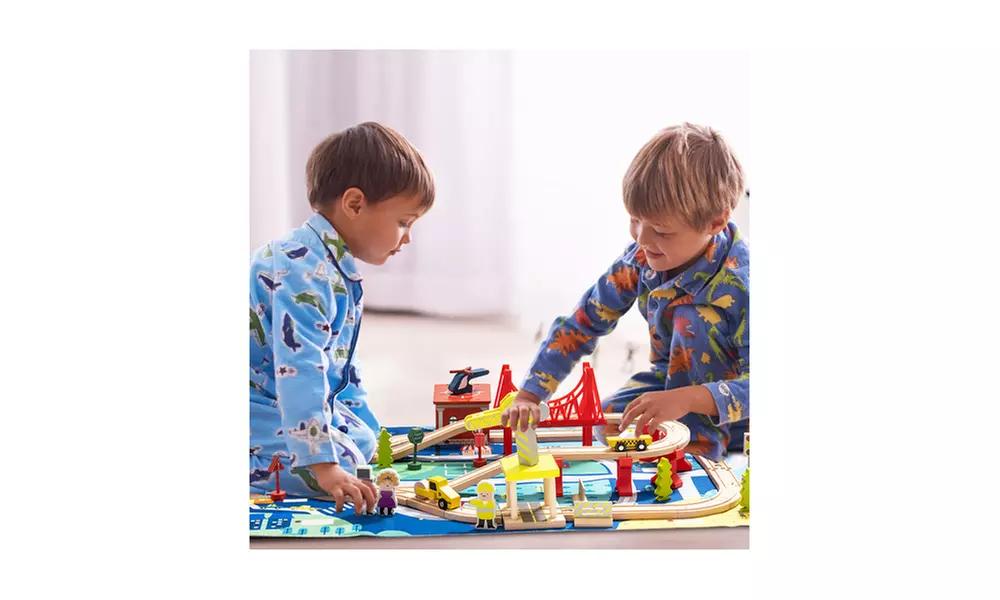 Wooden Train Track Set with Magnetic Trains Bridge Ramp Toy Blue - Second Medium