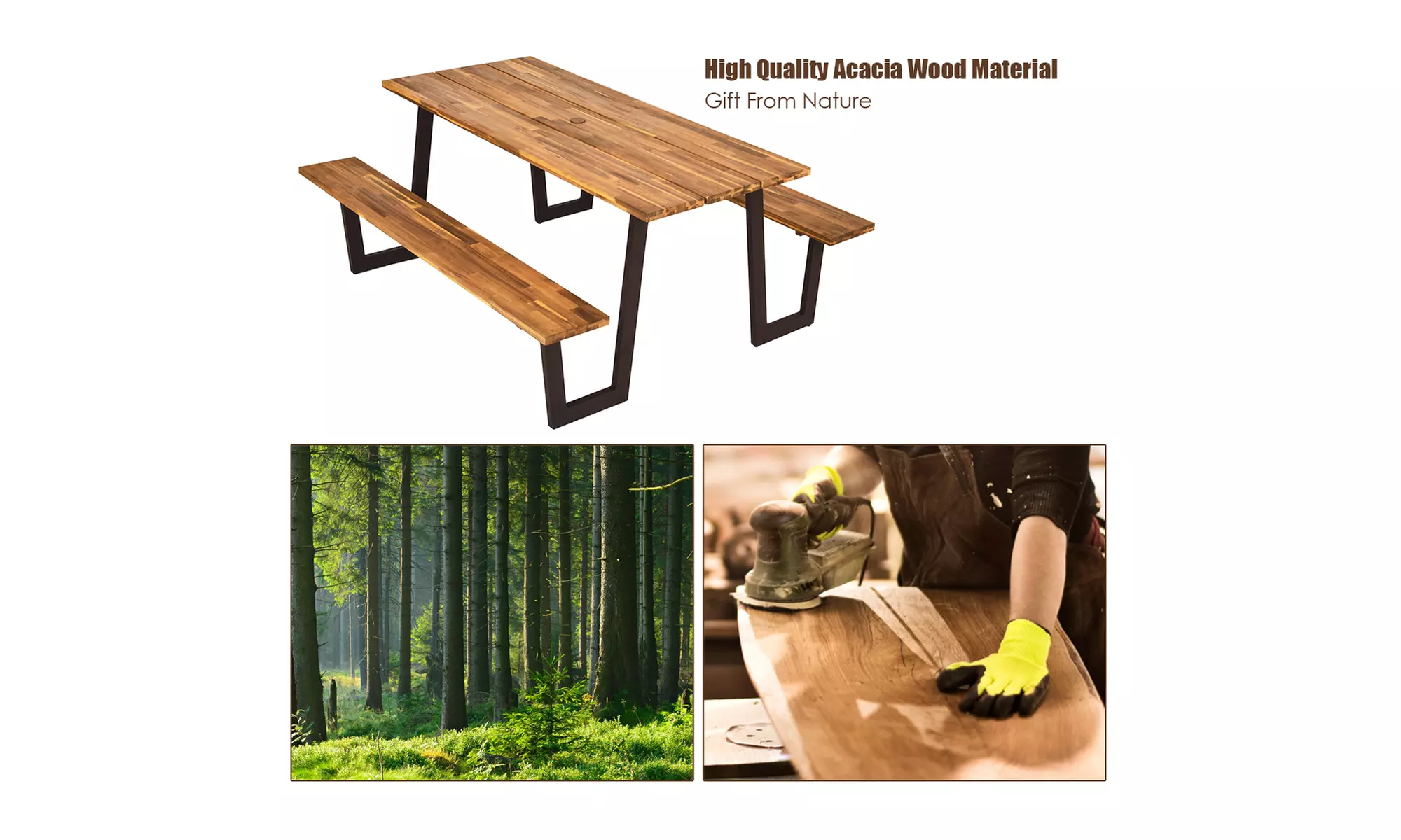 Picnic Table Bench Set Outdoor Camping Wooden 2 Built-in Benches w/Umbrella Hole