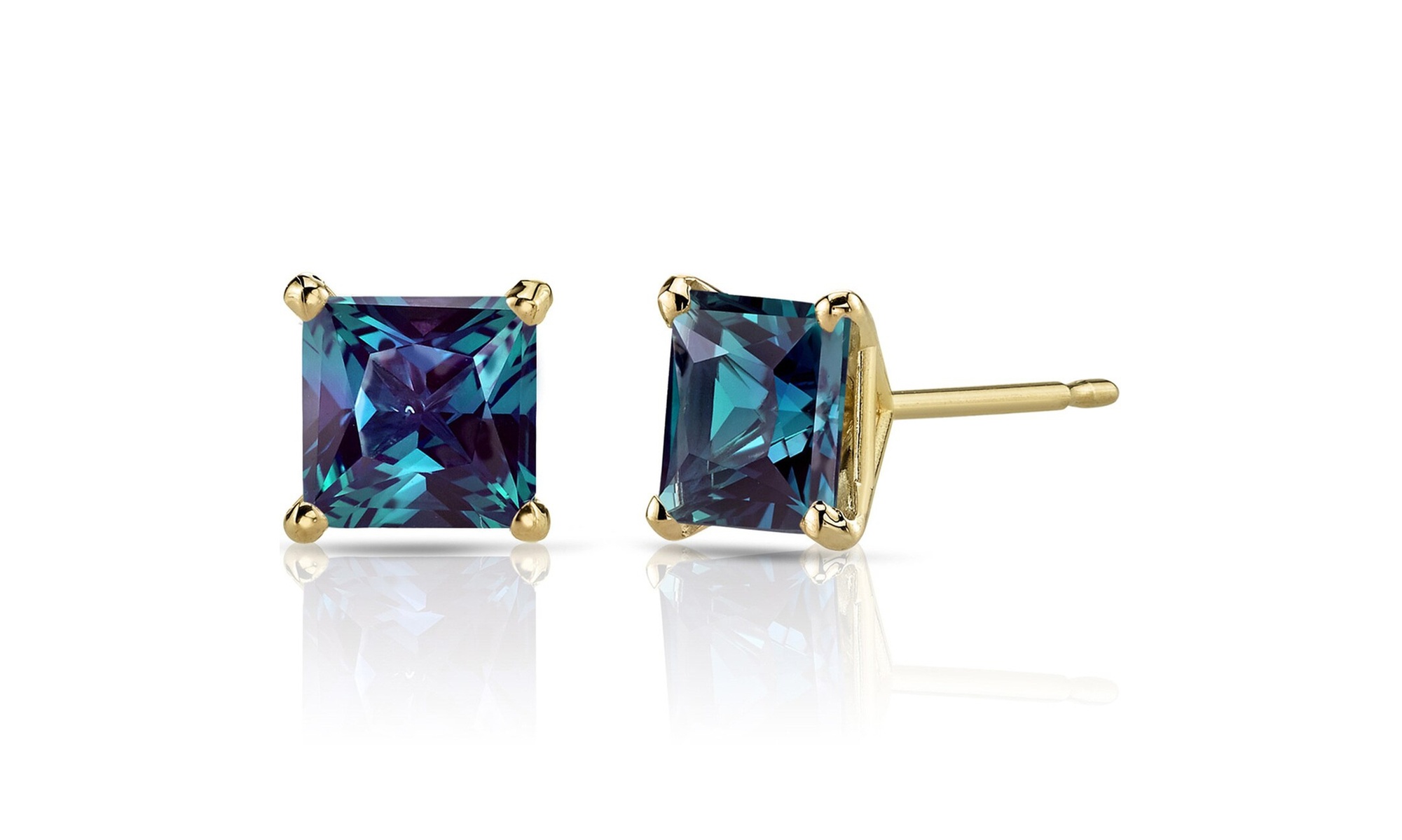 24k Yellow Gold Plated 2 Cttw Alexandrite Princess Cut Stud Earrings