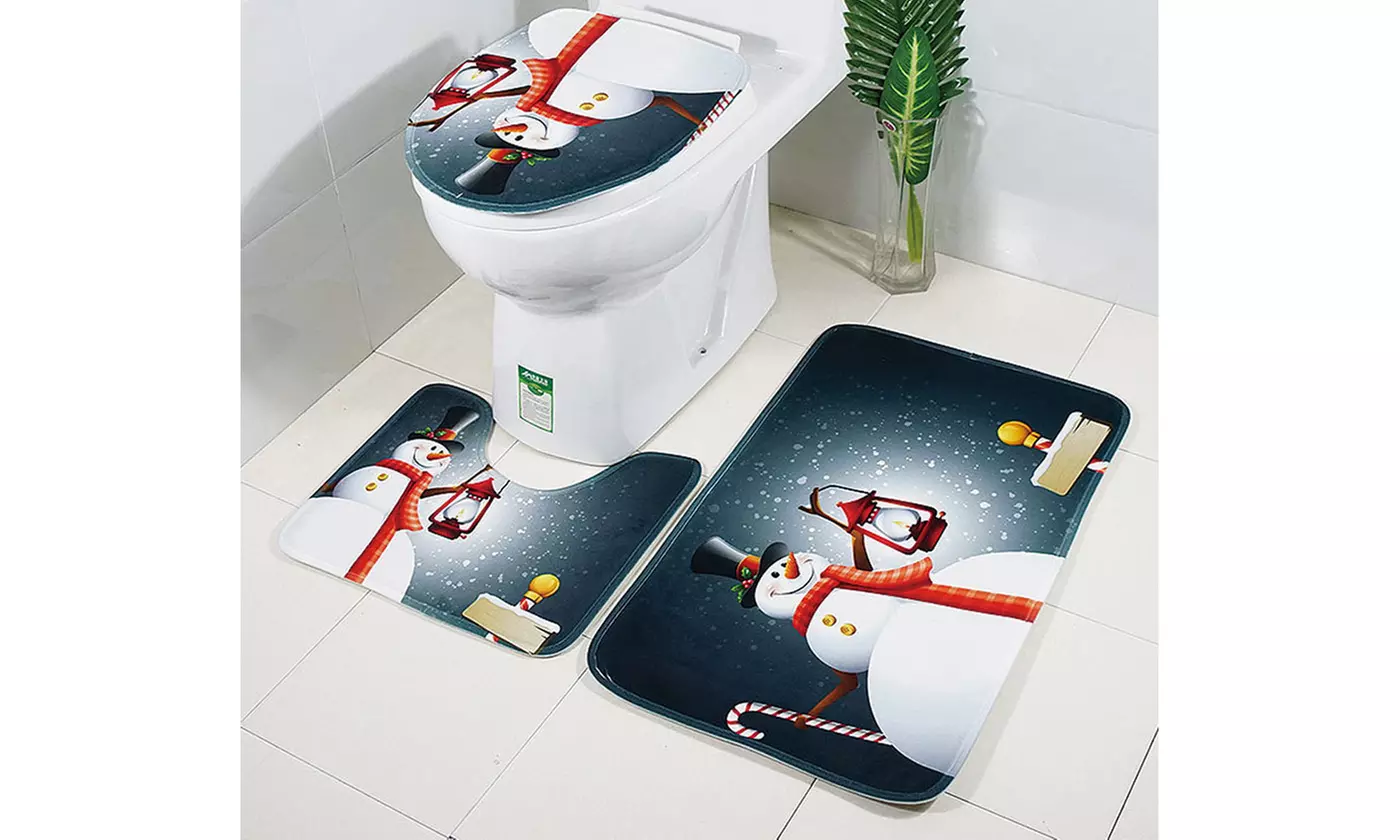 3pcs Christmas Toilet Seat Cover Rug Set Santa Claus Bathroom Mat Xmas Decor
