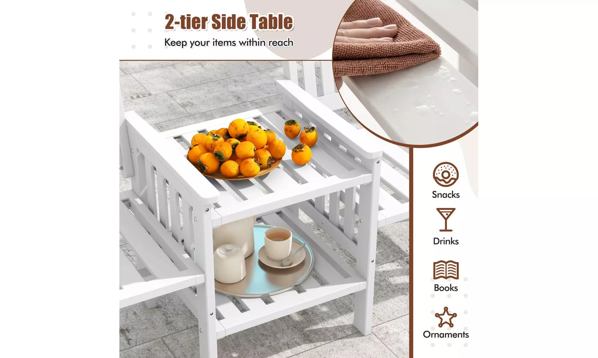 Costway Outdoor Fir Wood Loveseat with 2-Tier Side Table and 1.96" Umbrella Hole
