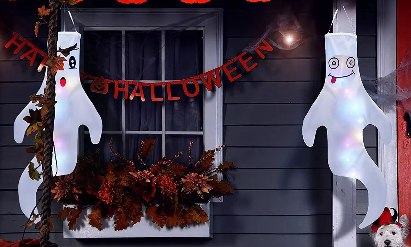 2Pcs Halloween LED Glowing Flying Ghosts, Cute Hanging Ghosts Indoor & Outdoor