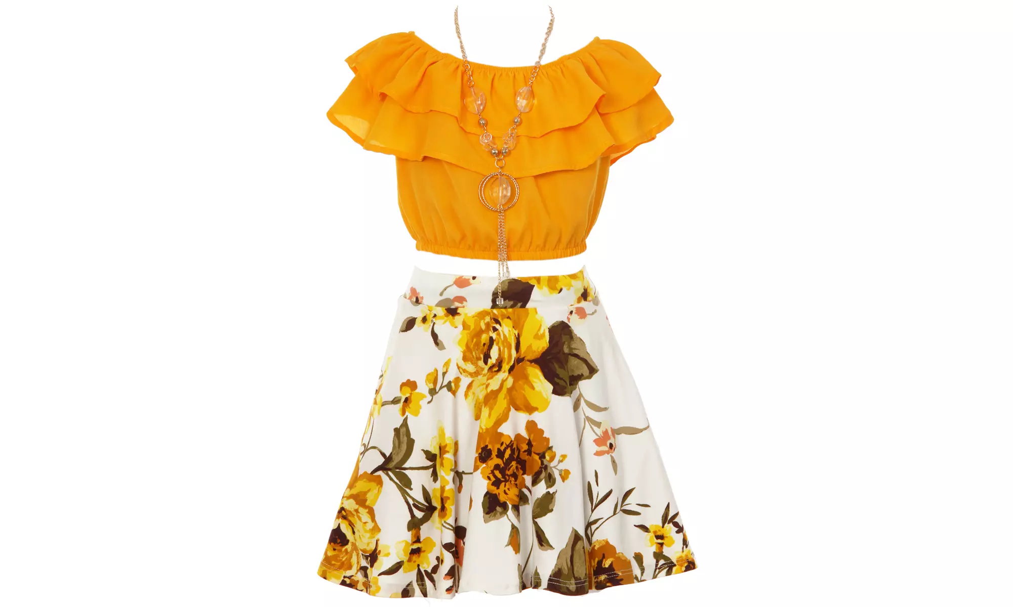 Cold Shoulder Crop Top Ruffle Top Flower Girl Skirt Sets Mango White J2130S - Primary Image