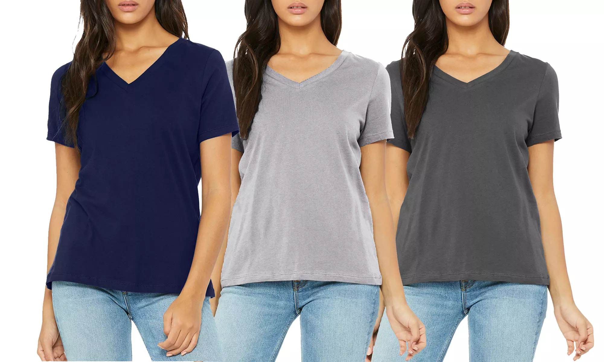 3-Pack Women's Loose Fit Short Sleeve V-Neck Classic Tee