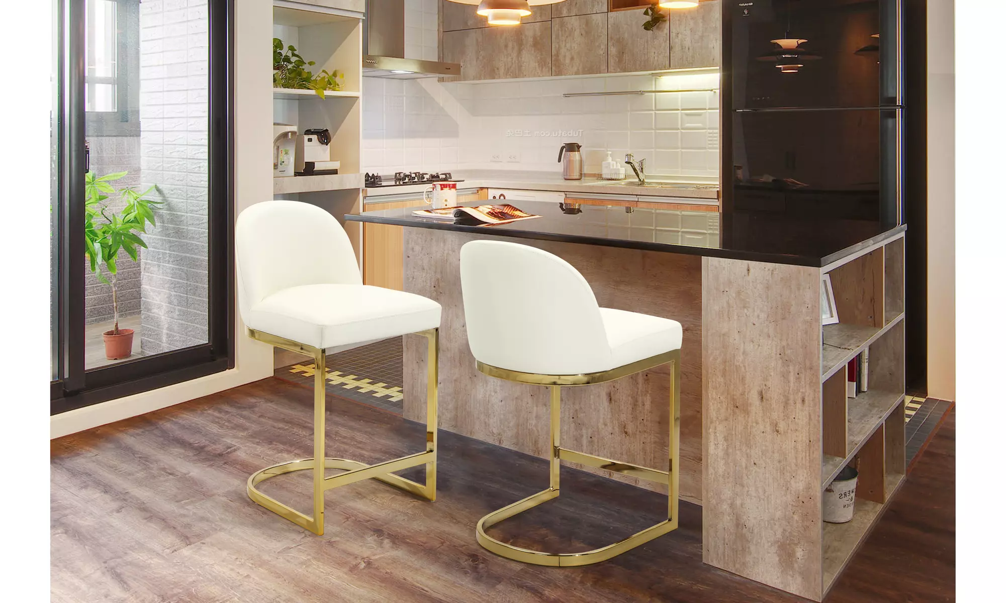 Varheg PU Leather Armless Design Half-Moon Gold Plated Bar or Counter Stool - Primary Image