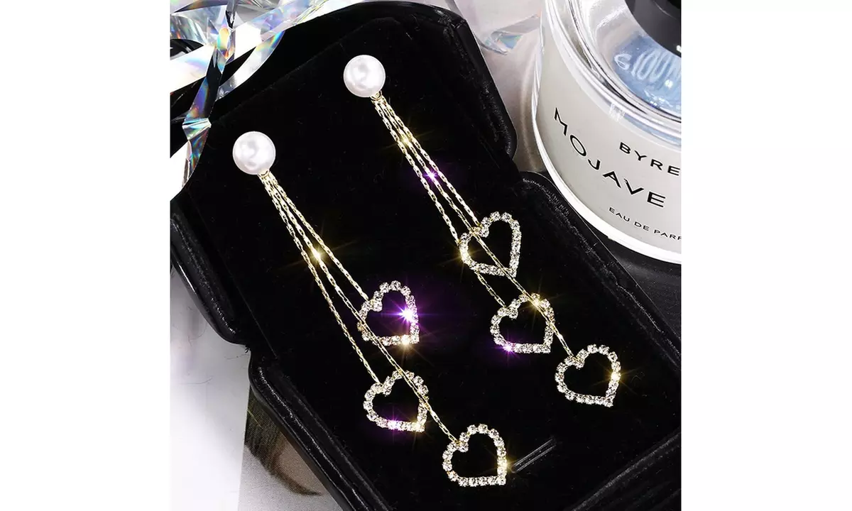 925 Silver Needle Douyin Pearl Long Hollow Out Heart Shape Diamond Stud Earrings - Primary Image