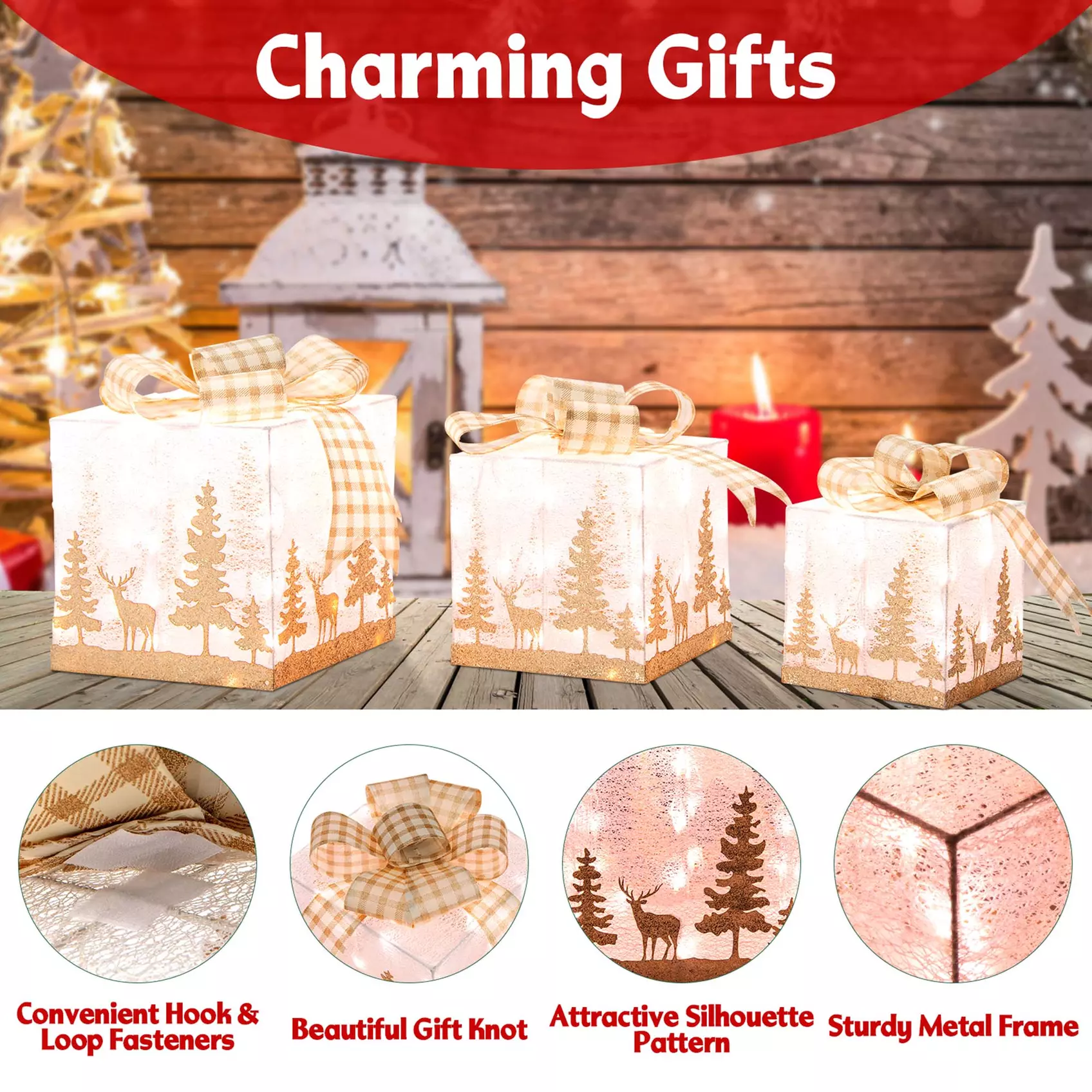 Costway 3 Sets Iridescent Christmas Gift Box LED Lighted Present Box Decor Yard