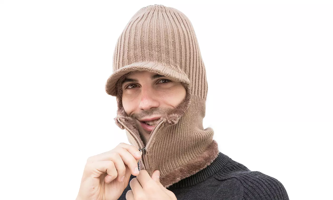 Men Winter Zipper Knit Ski Mask Face Balaclava Brim Cap - Second Medium