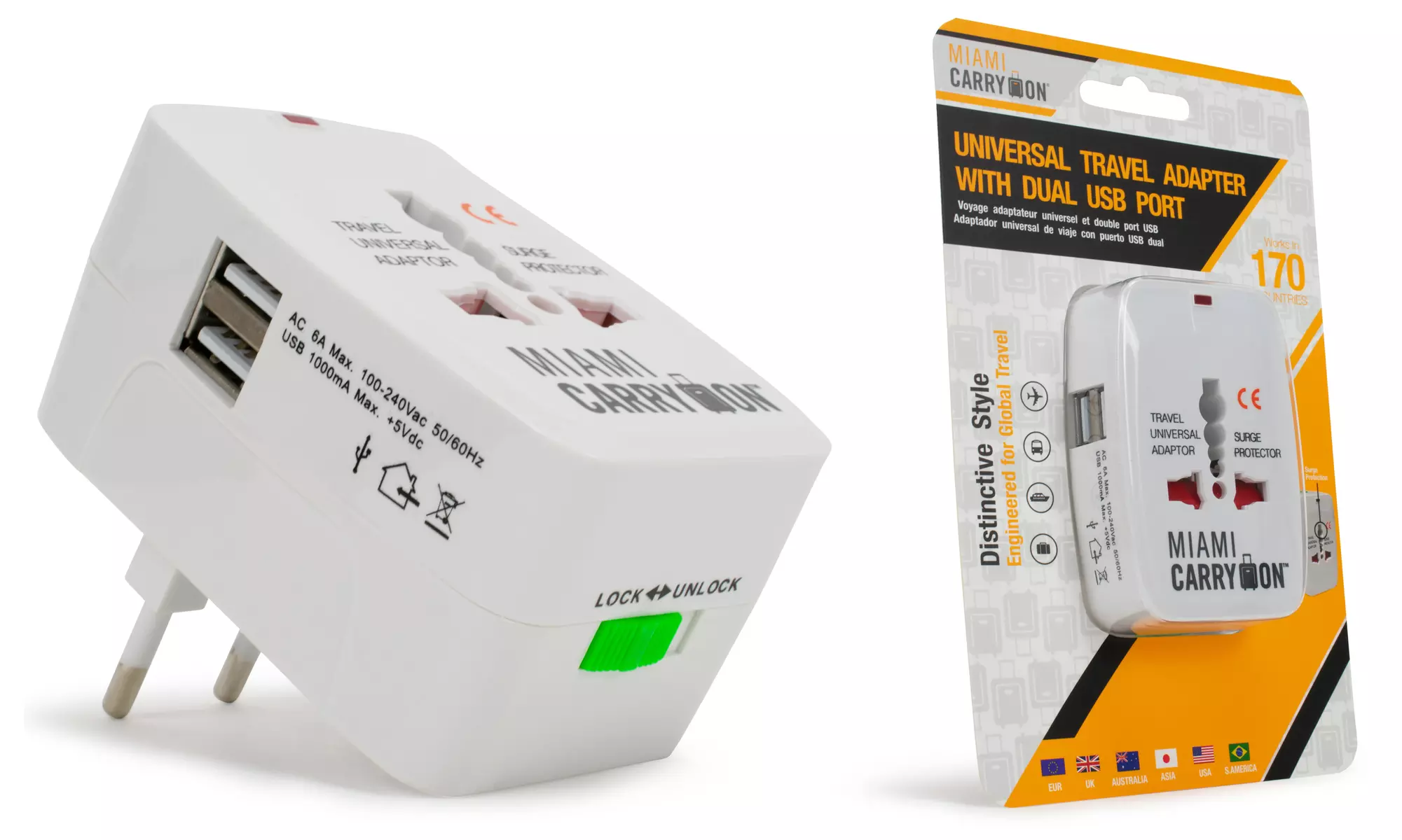 Miami CarryOn International Travel Adapter with Two USB Ports (1/2/3/4 Packs)