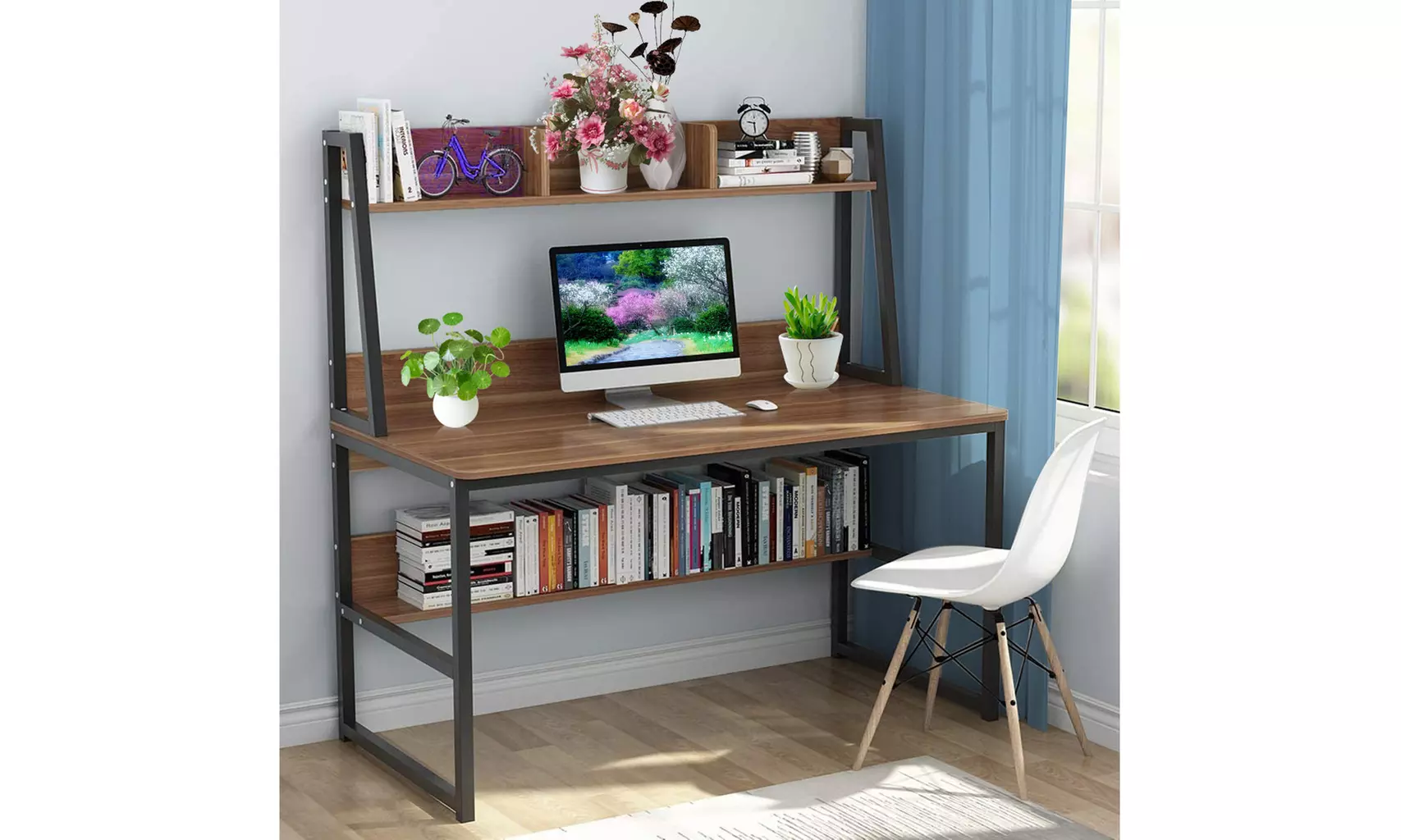 Computer Desk With Bookshelf 47-inch Home Office Desk Space-Saving Design - Primary Image