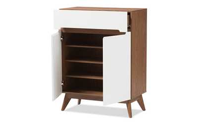 Calypso White and Walnut Wood Storage Shoe Cabinet