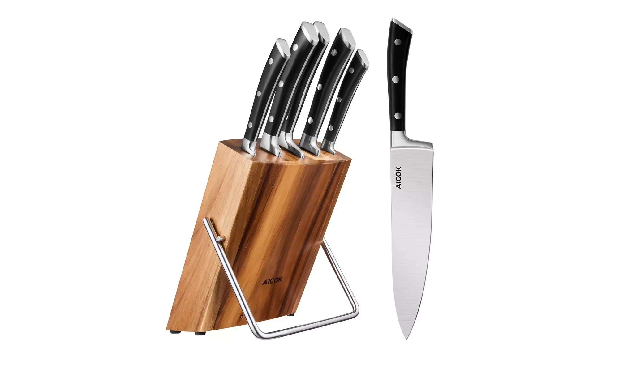 Aicok Stainless Steel Chef Knife Block Set, 6 Piece Knives Set with Wooden Block - Primary Image