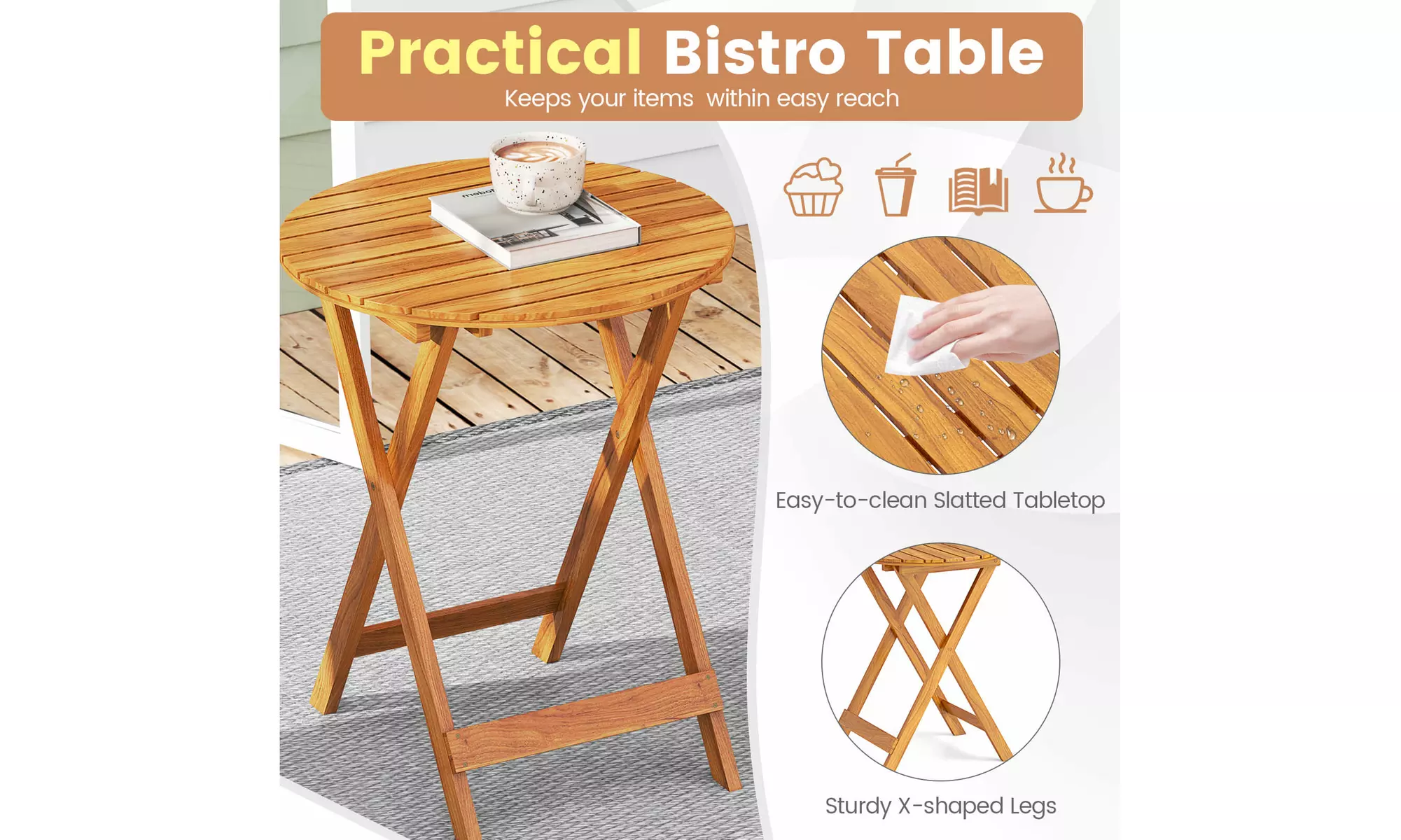 Costway Outdoor Folding Chairs Acacia Wood High-Back Chair with Seat Cushions