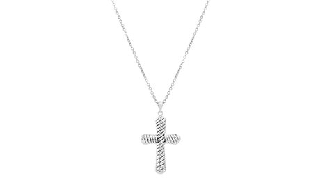 18K White Gold Sterling Silver Stripped Textured Cross Cable Chain...