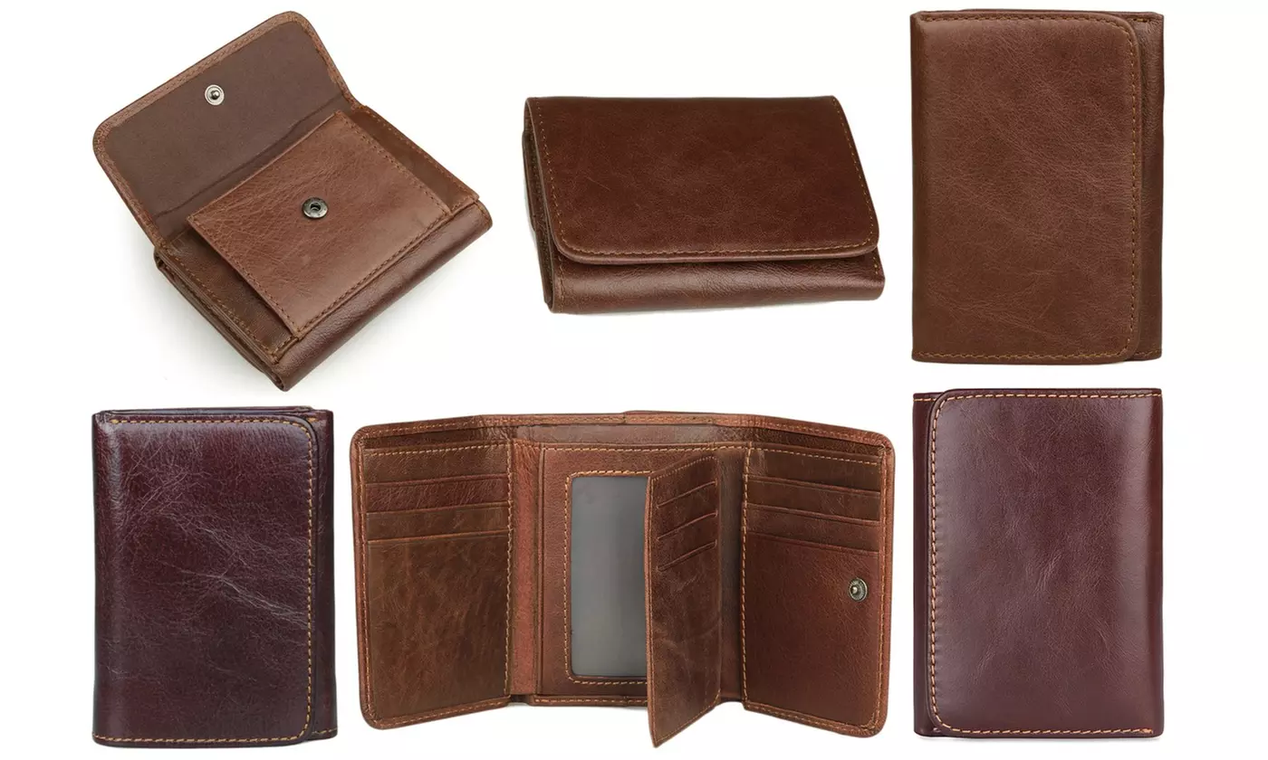 Men's RFID Blocking Genuine Full Grain Leather ID Window Trifold Wallet - Primary Image