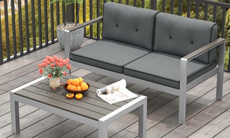 Costway 2 PCS Aluminum Patio Sofa Set Coffee Table W/ Cushioned Loveseat Gray And Silver