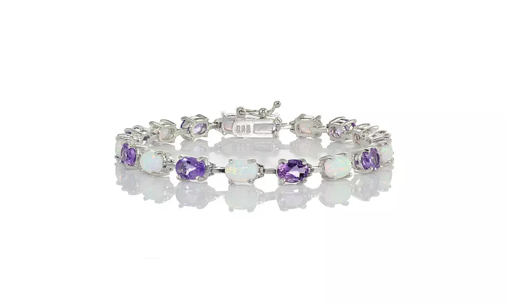 Sterlilng Silver Amethyst and Created White Opal 7x5mm Oval-Cut Tennis Bracelet