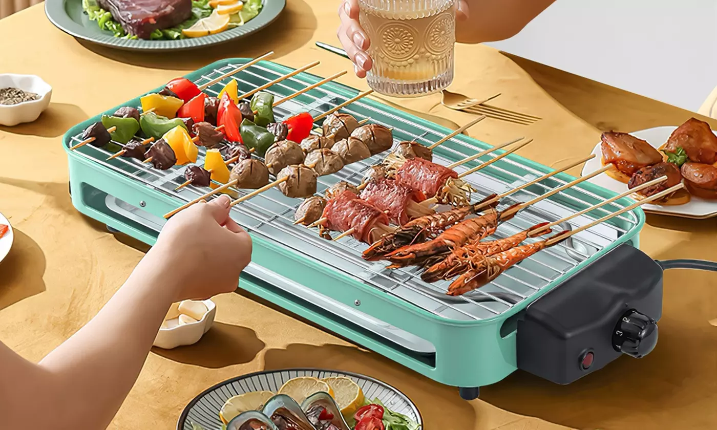 NewHome 1500W 2-In-1 Electric Indoor BBQ Grill with Grill Net and Raclette Trays