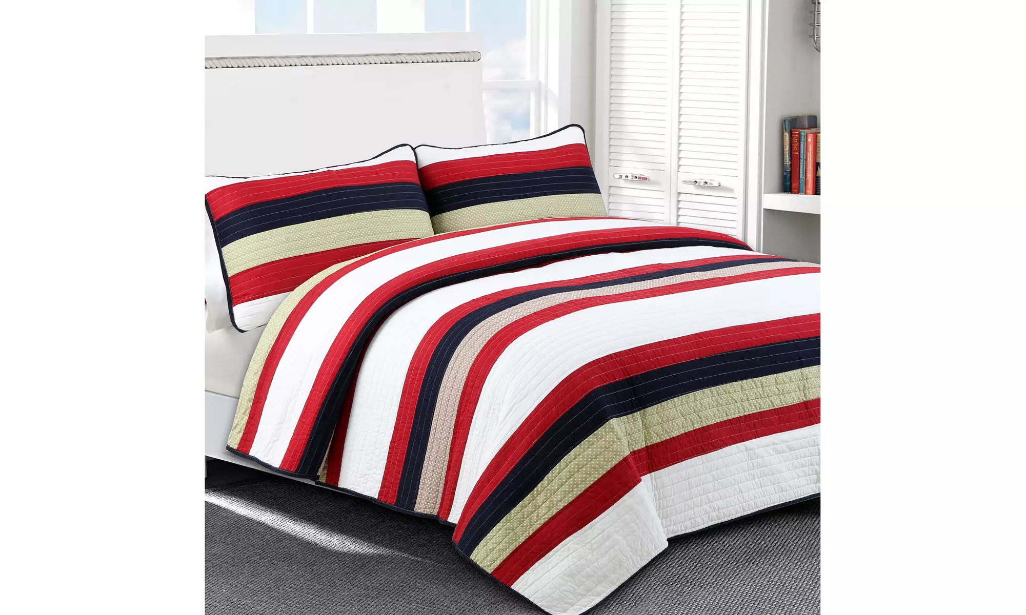 Rugby Tailored Stripe Reversible Quilt Set, 100%Cotton, (2 or 3-Piece) - Primary Image