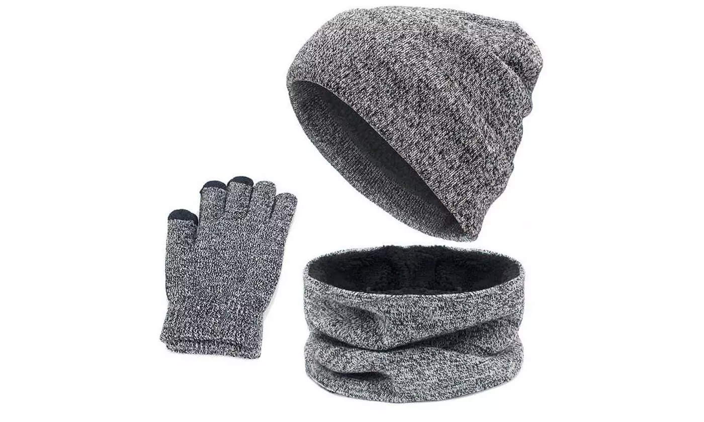 Winter Warm Knit Fleece Lined Beanie Hat Scarf Touchscreen Gloves Set