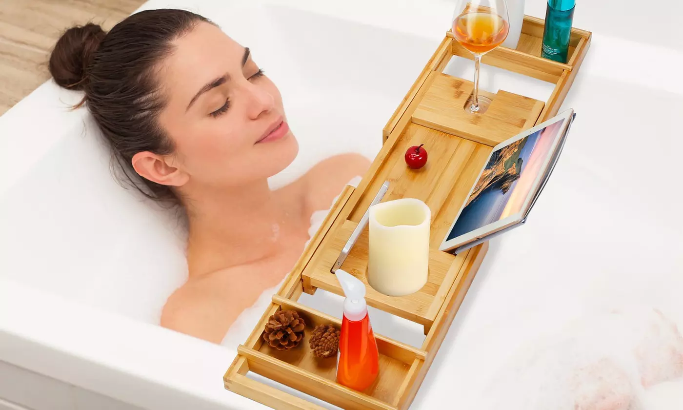 NewHome Bamboo Extendable Bathtub Caddy Tray Spa-Style Bath Shelf Table