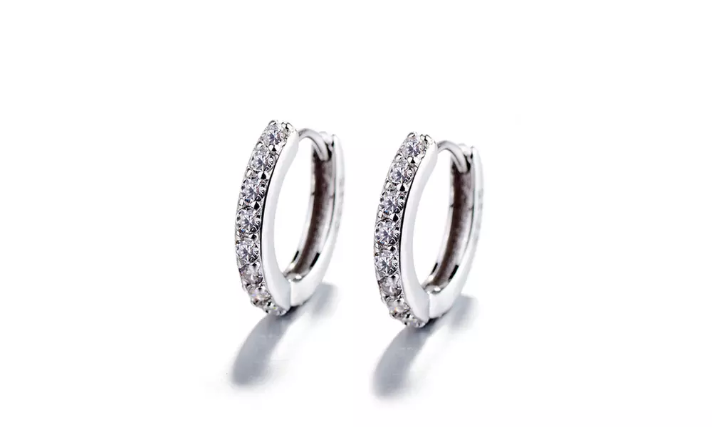 Sterling Silver or Rose Gold Genuine Crystal Huggie Hoop Earring
