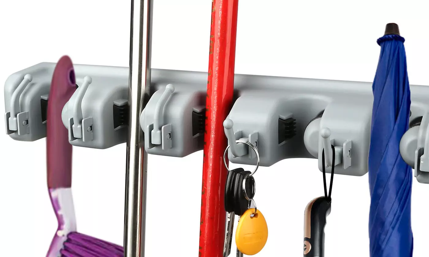 iMounTEK Wall Mount Mop Broom Holder with 5 Slots and 6 Utility Hooks