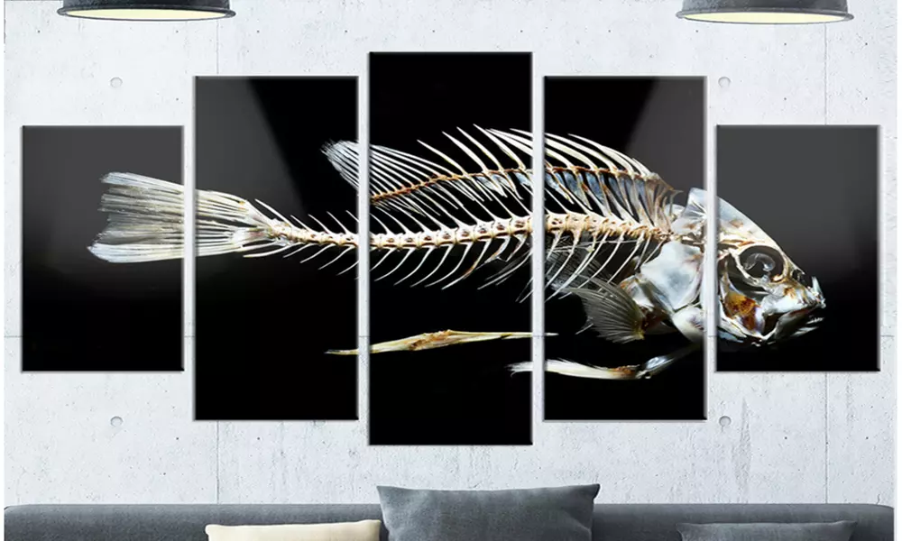 Fish Skeleton Bone on Black - Multipanel Animal 5 Panel Metal Wall Art - Primary Image
