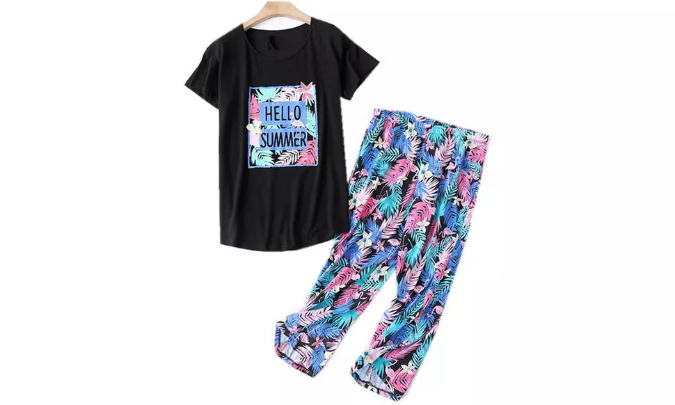 Women Summer Fun Prints Pajama Set Tops Capri Pants Casual Sleepwear