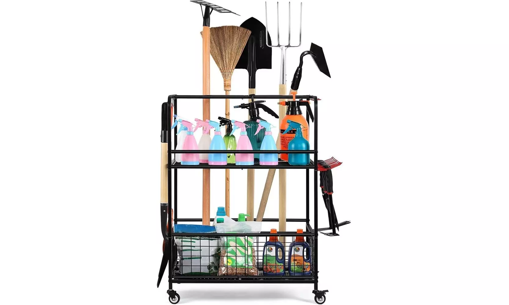 Garden Tool Organizer Rack with Wheels Garage Tool Holder Storage Stand Hanger - Primary Image