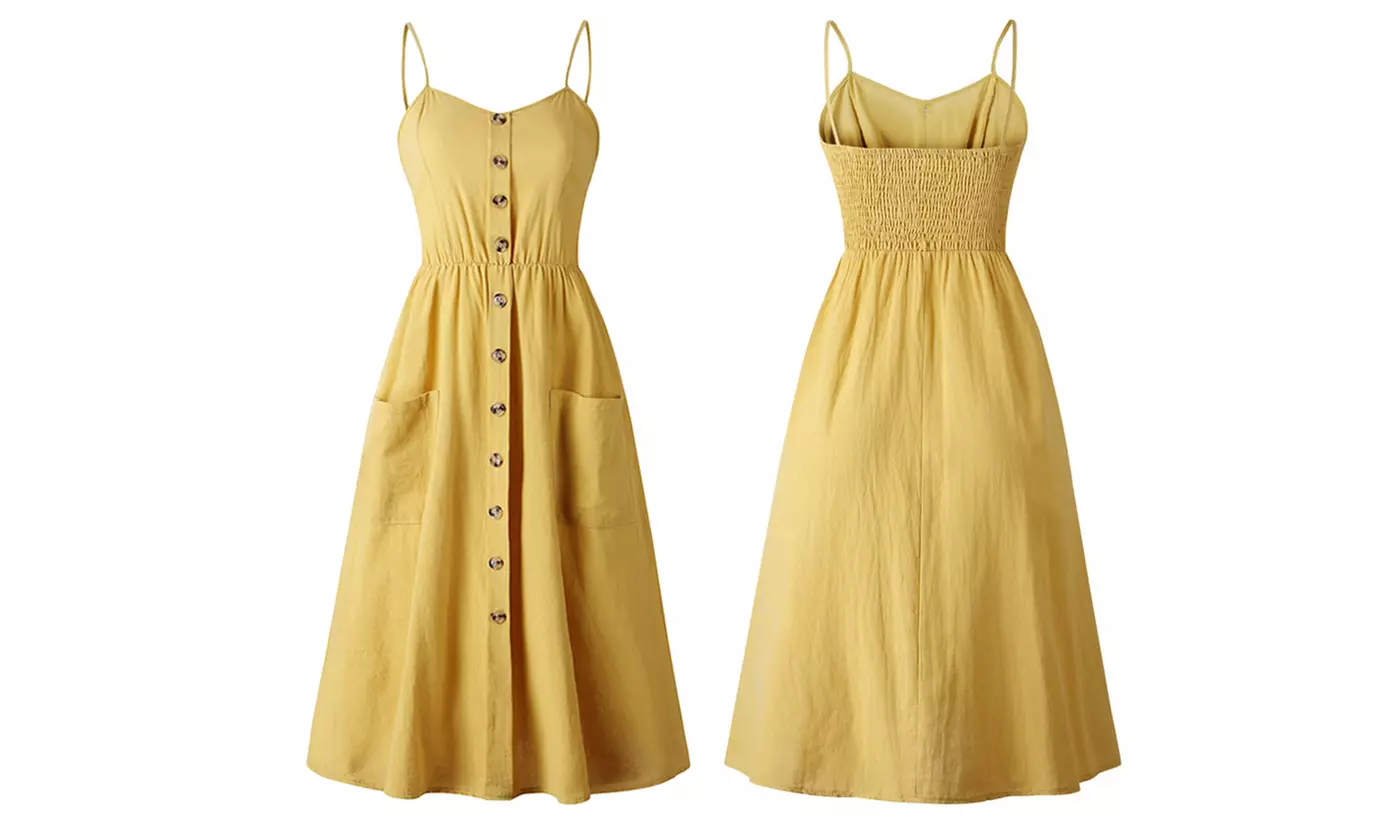 Womens Floral Summer Dress Spaghetti Straps Pocket Sundress Beach Midi Dress