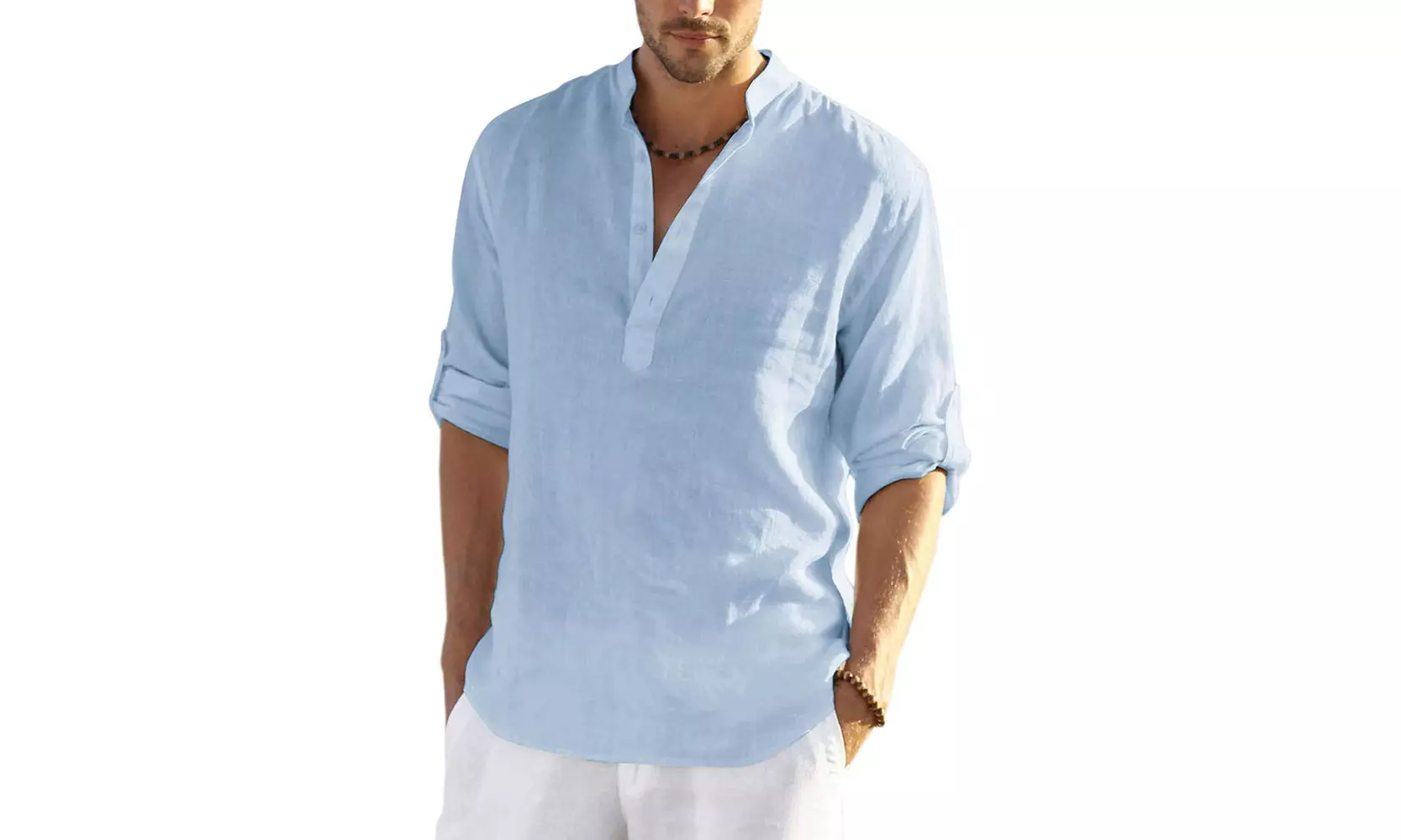 Men Cotton Linen Henley Shirt Long Sleeve Hippie Casual Beach T Shirts - Second Medium