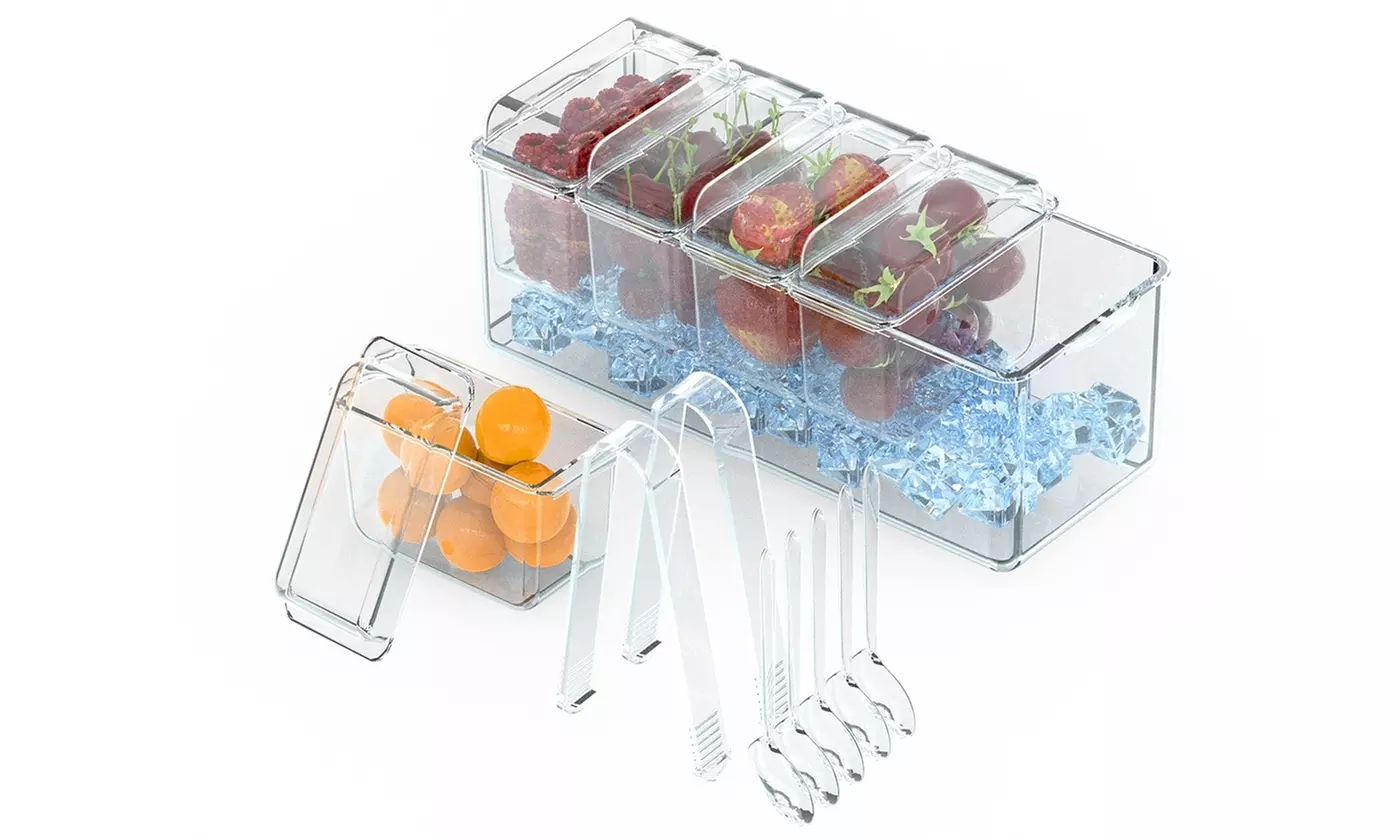 NewHome Ice Chilled Condiment Server with 5 Trays, Lids and Serving Utensils - Primary Image