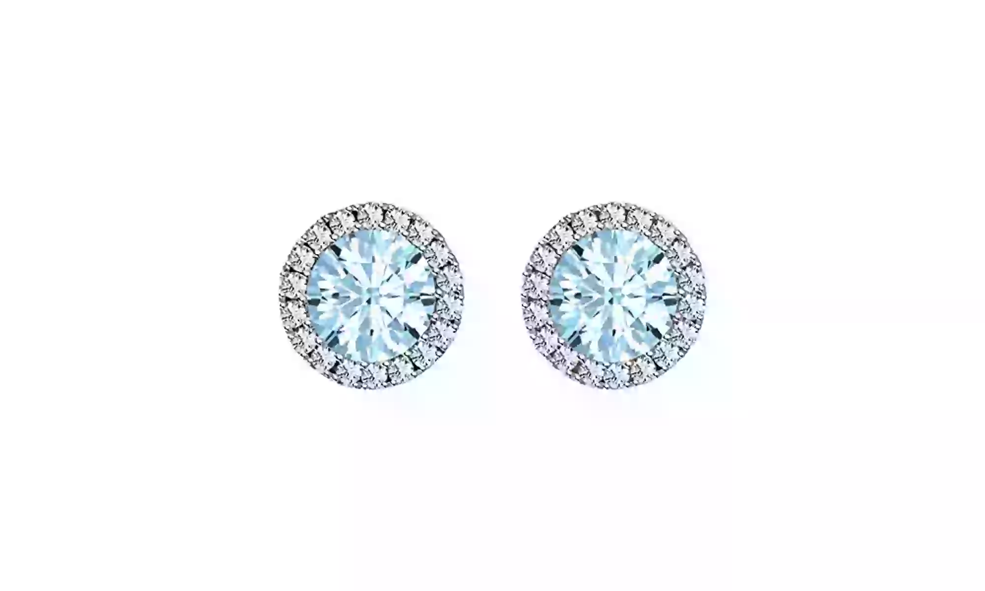 14k White Gold Plated 1 Ct Round Blue Aquamarine Halo Stud Earrings