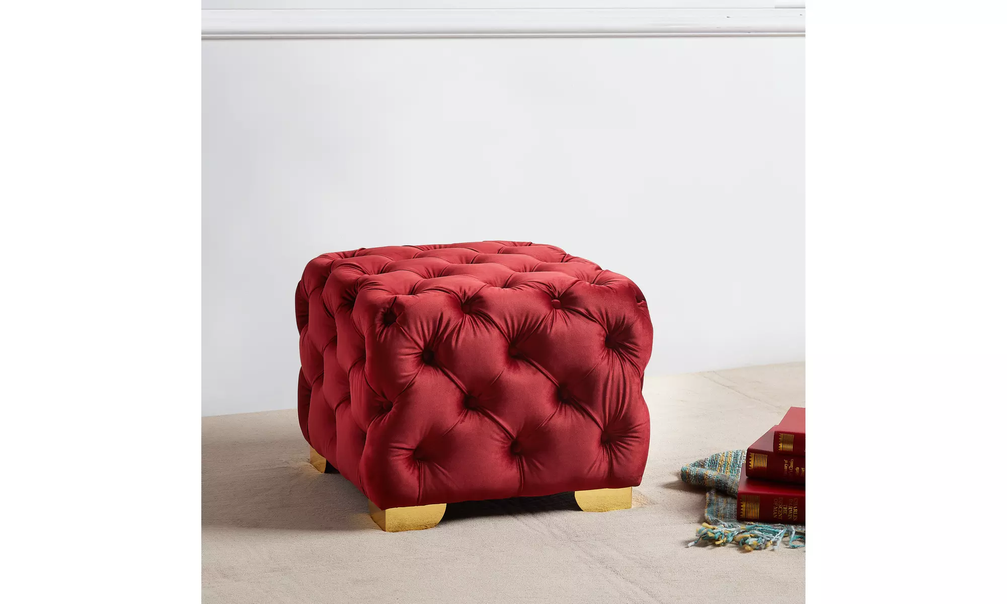 Lea Luxe and Glam Velvet Fabric Gold Accents Tufted Cube Ottoman - Primary Image