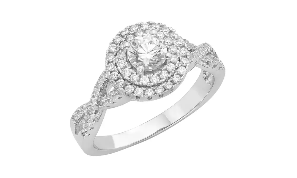 Sterling Silver Double Halo Frame Round-cut Swarovski & CZ Twisted Shank Ring