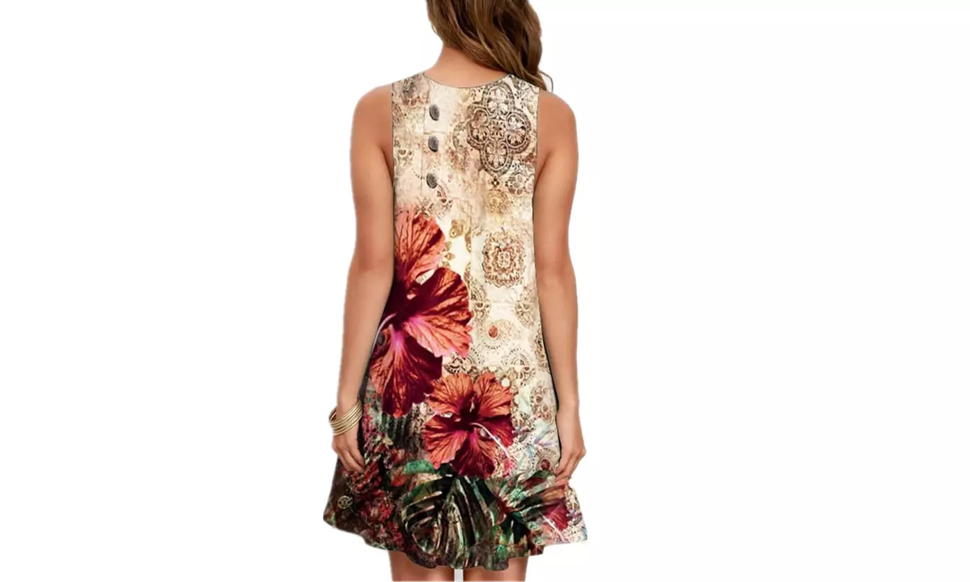 Women's Sleeveless Casual Swing Dress V Neck T Shirt Dress with Pockets