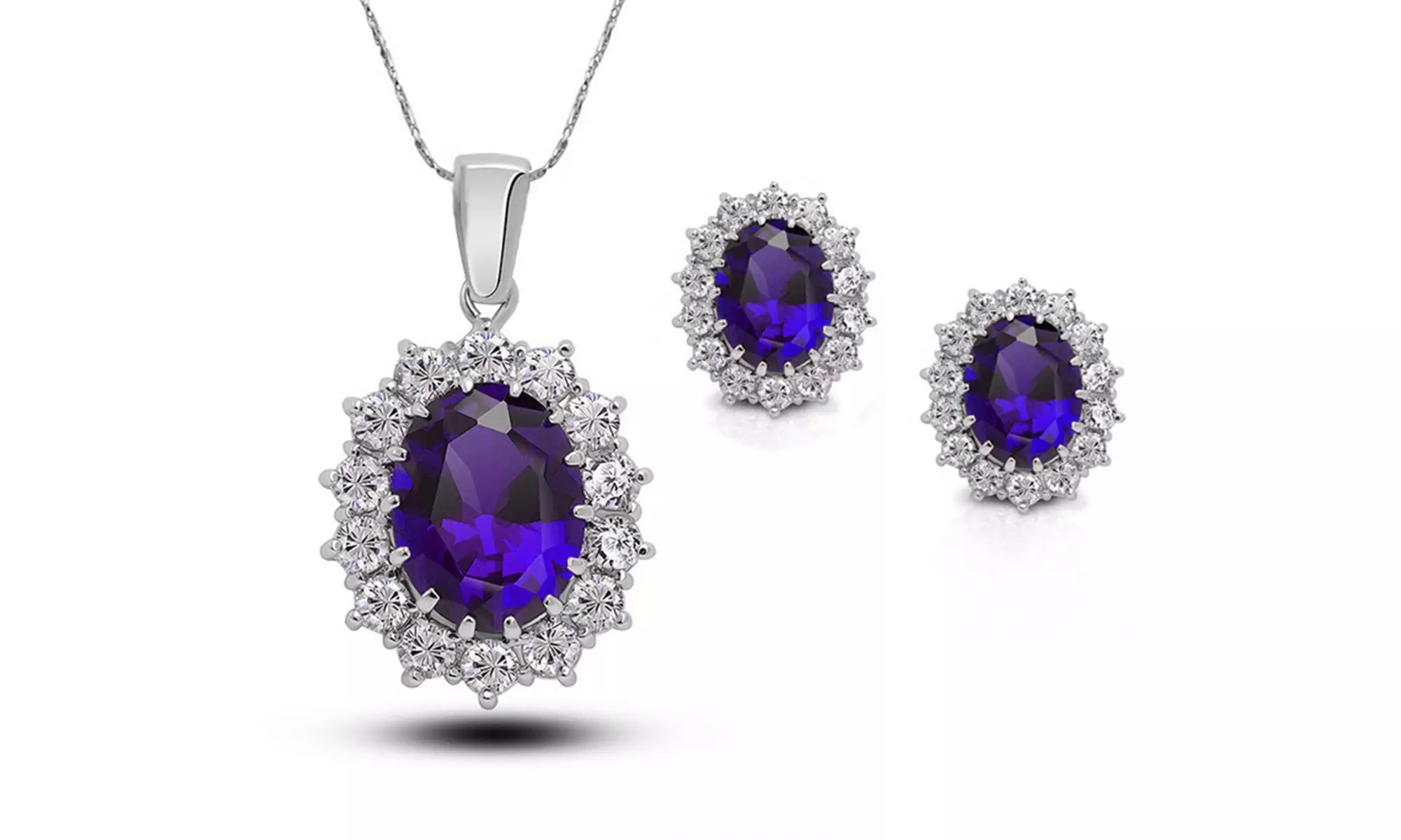  Platinum Plated 4 Ct Oval Shape Amethyst 18 Inch Necklace And Earrings Set. - Second Medium
