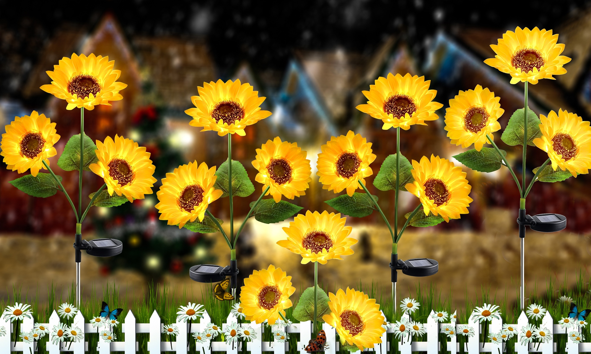 Solar Sunflower Lights Outdoor Decor with 3 LED Sunflower Flower Garden Lights