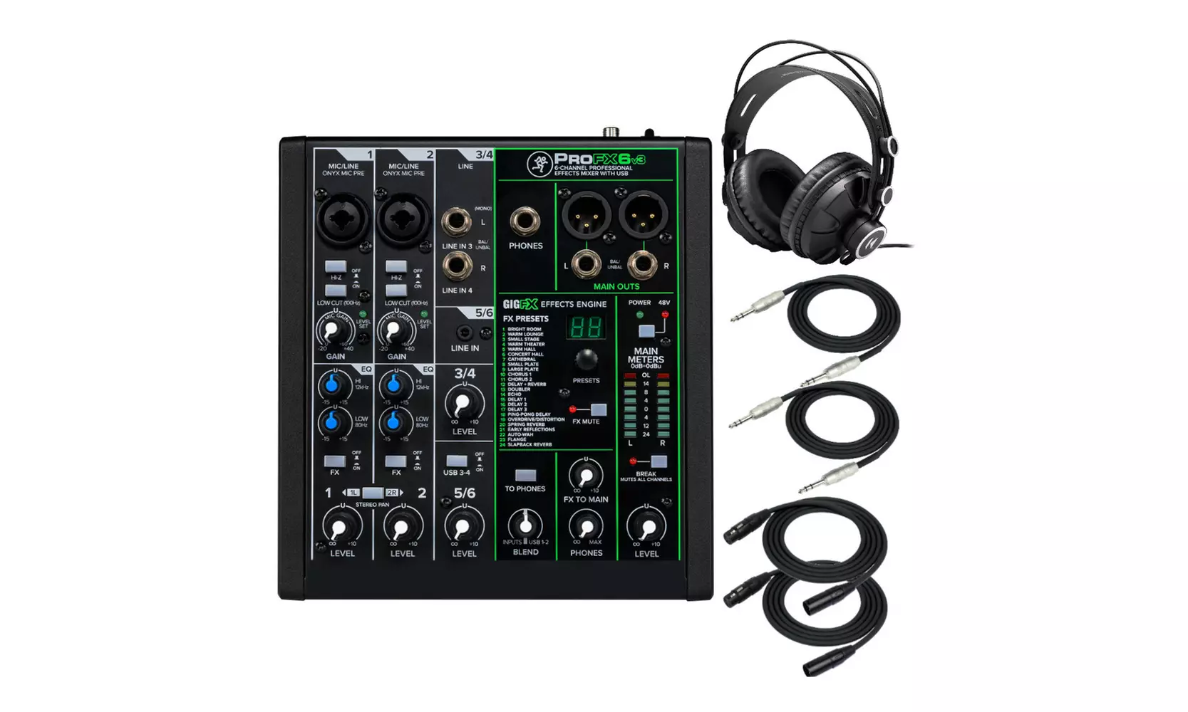 Mackie ProFX6v3 6-Channel Professional Effects Mixer with Headphones and Cables - Primary Image