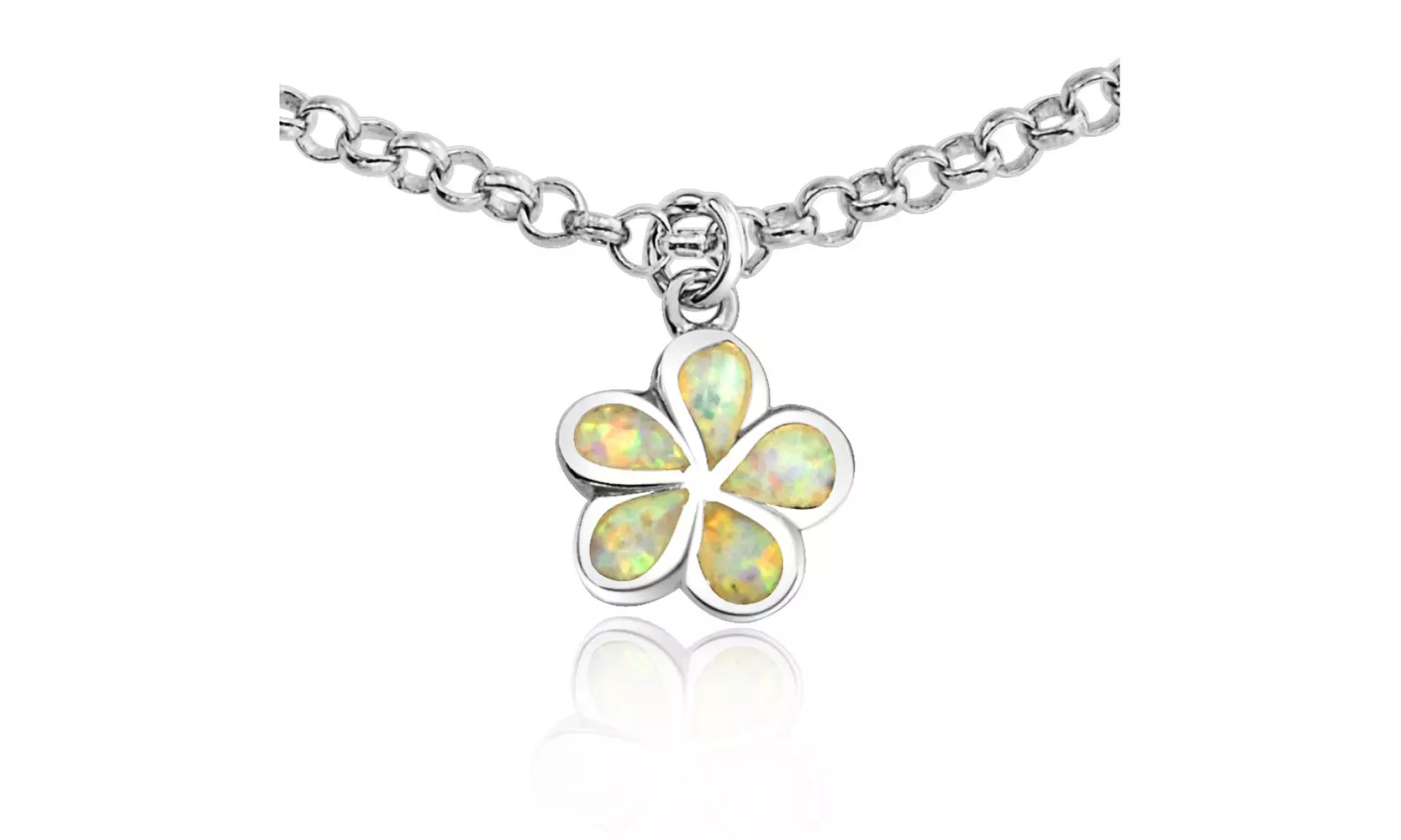Created White Opal Plumeria Flower Anklet Link Chain Sterling Silver - Second Medium