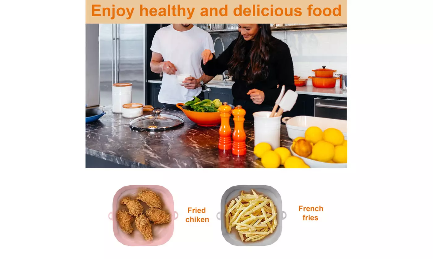 2Pack Square Silicone Air Fryer Pot 8 inch Reusable Airfryer Basket for 4 to 7QT