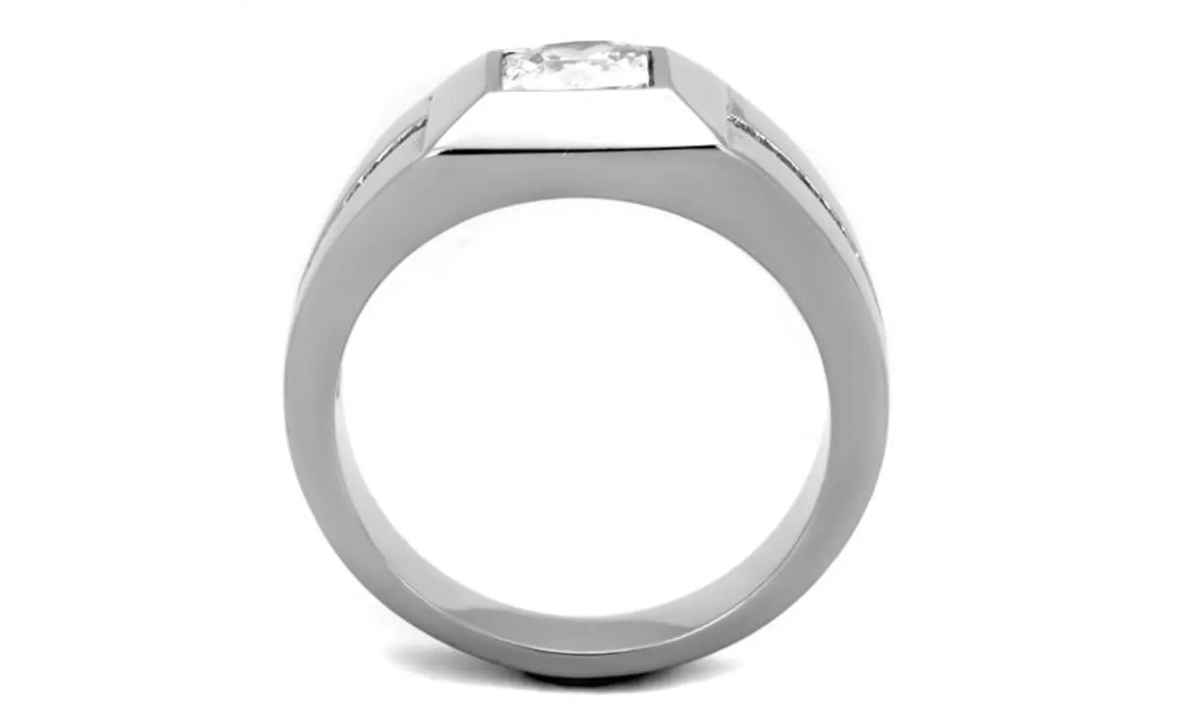 Mens Stainless Steel and Cushion Cut Cubic Zirconia Flush Setting Ring