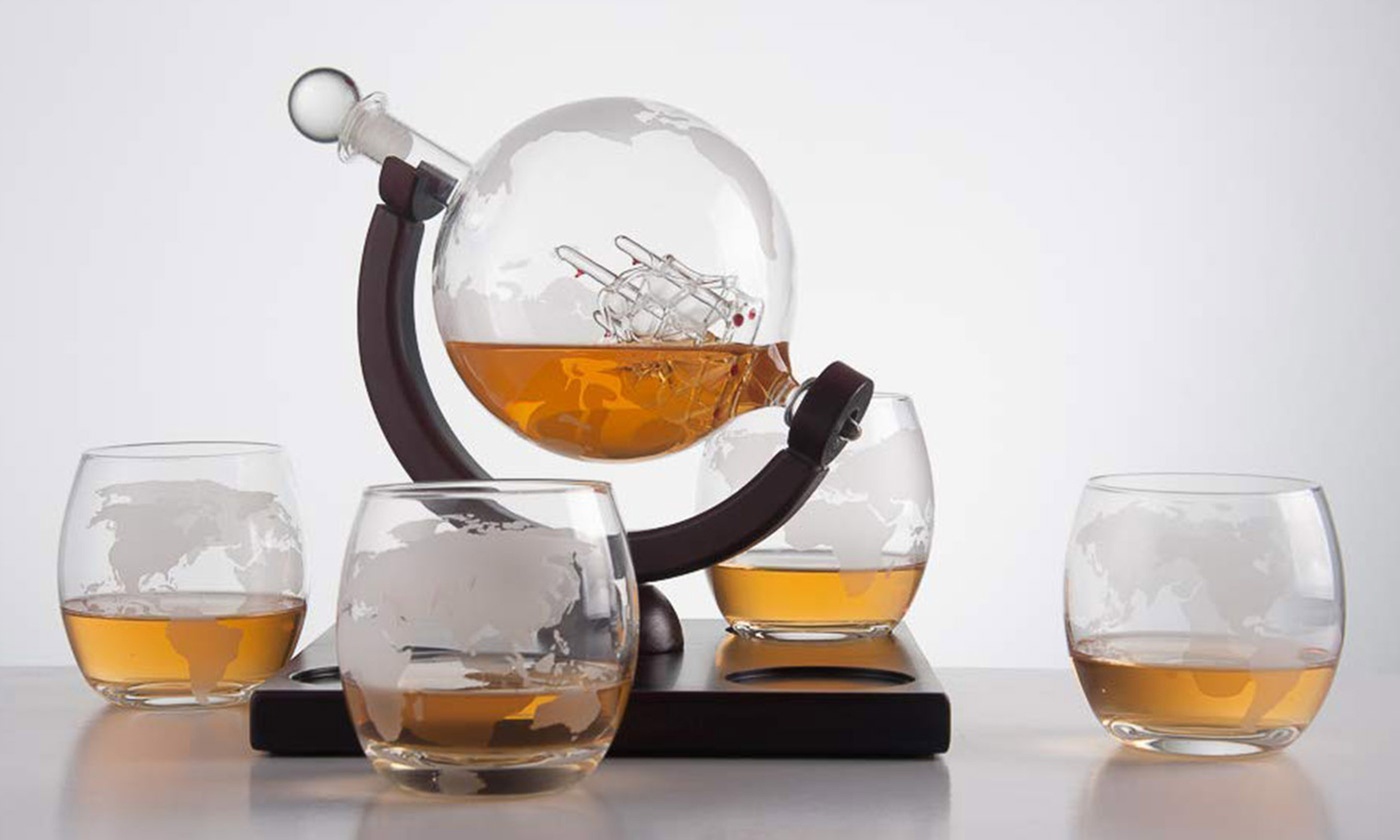 iMounTEK Whiskey Decanter Globe Set with Etched World Glasses and Wooden Stand